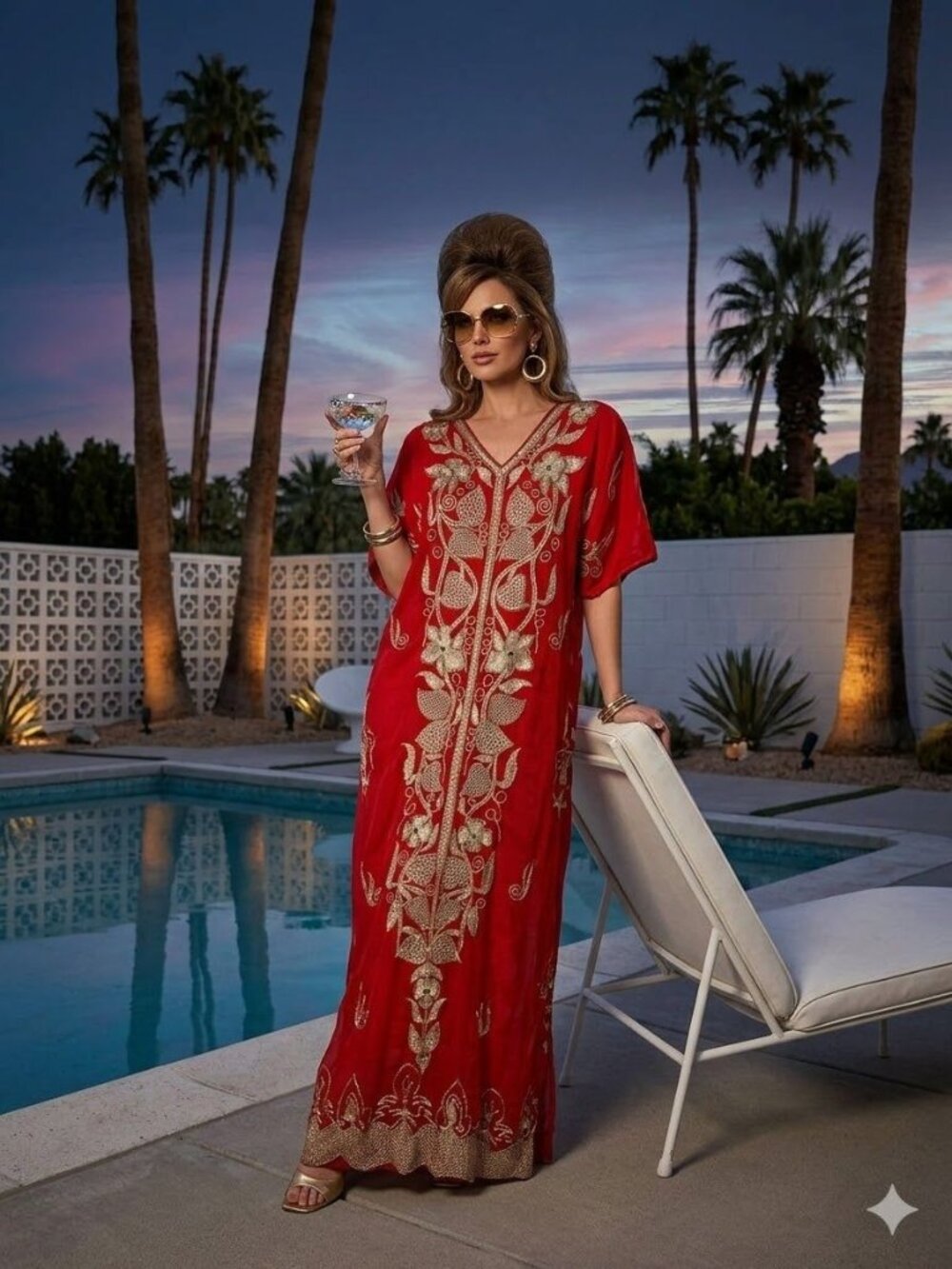 Vintage 60s Serendipity Red Gold Embroidered Boho Kaftan Hostess Gown One Size